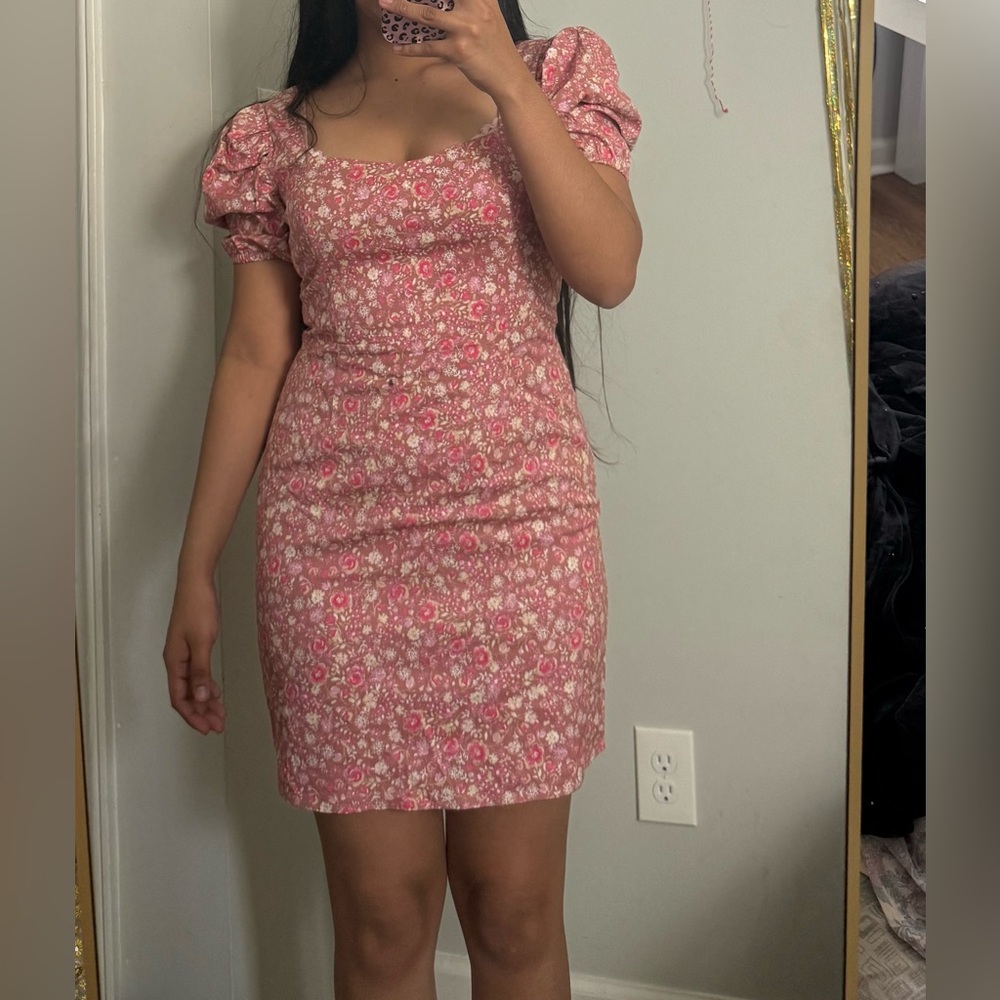 AUW Pink Floral Mini Dress with Puff Sleeves